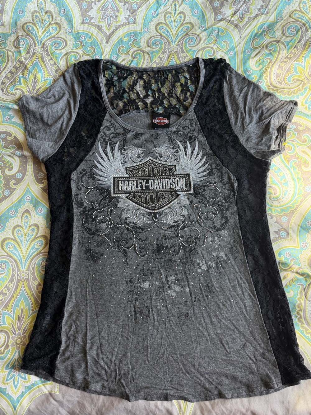 Harley-Davidson Gray and Black Lace-Trim Short Sleeve Tee